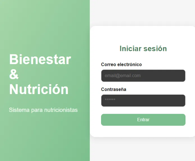Pantalla de inicio de sesión del sistema Bienestar y Nutrición